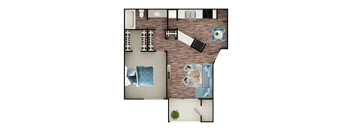 A top-down view of a room with a bed, a couch, a chair, a table, and a potted plant.