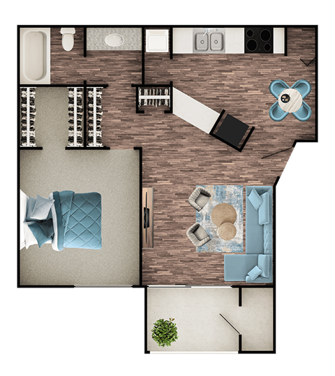 A top-down view of a room with a bed, a couch, a chair, a table, and a potted plant.