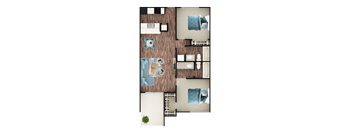 A floor plan of a house with a kitchen, living room, and bathroom.