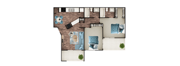 A top-down view of a room with a couch, chairs, and a table.