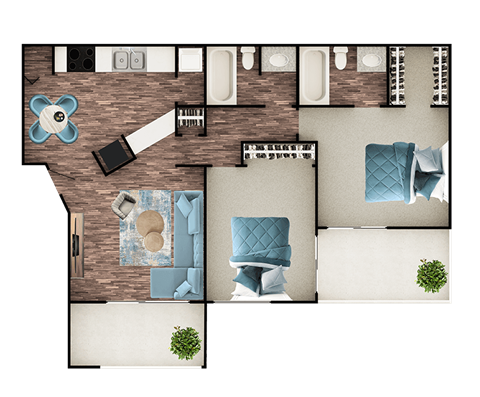 A top-down view of a room with a couch, chairs, and a table.