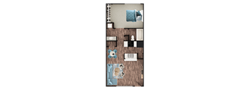 A floor plan of a house with a kitchen, living room, and bathroom.