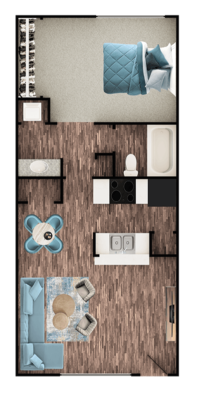 A floor plan of a house with a kitchen, living room, and bathroom.