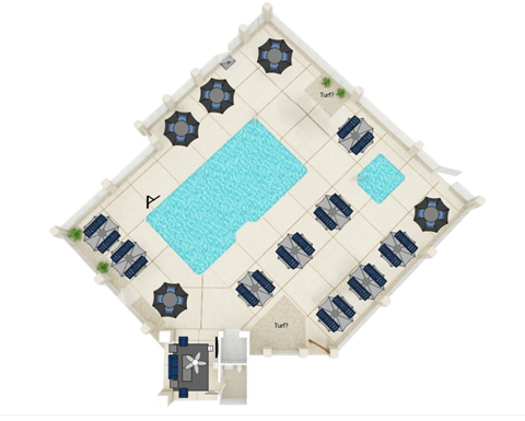 A model of a swimming pool surrounded by lounge chairs and umbrellas.