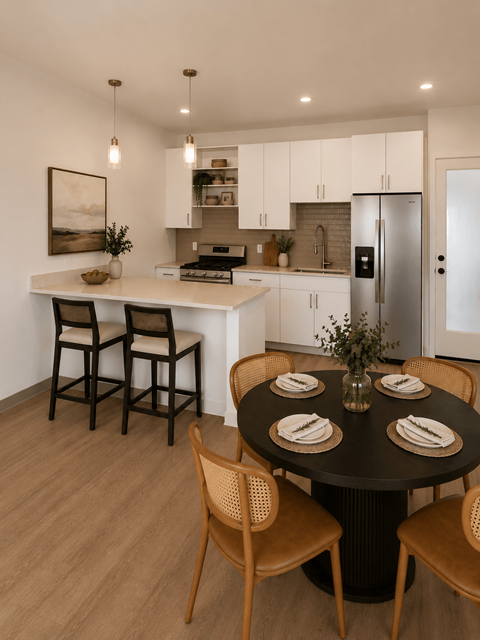 A modern kitchen with a dining table set for four.