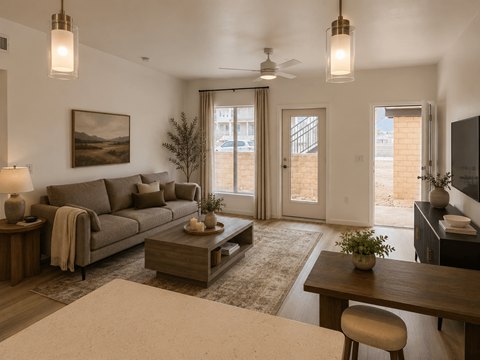 A living room with a grey couch, a wooden coffee table, and a painting on the wall.