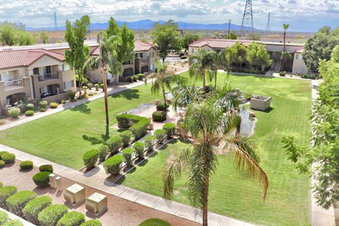 A view of a green lawn with palm trees and bushes in the foreground and apartment buildings in the background.