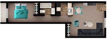 A top-down view of a room with a bed, couch, and various objects.