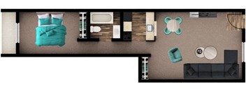 A top-down view of a room with a bed, couch, and coffee table.