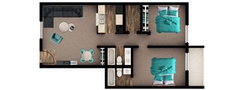 A top-down view of a room with a bed, a couch, a table, and a few other furniture pieces.