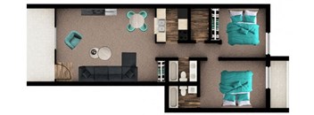 A top-down view of a room with a bed, a couch, a table, and a few other furniture pieces.