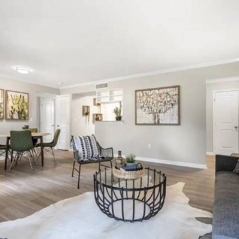 A living room with a white rug and a black metal coffee table.