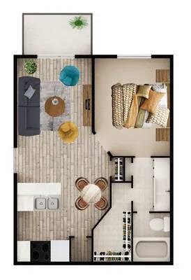 A floor plan of a small apartment with a living room, kitchen, and bathroom.