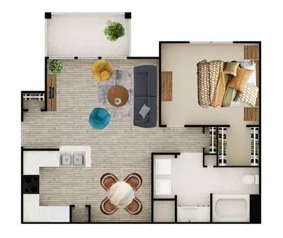A floor plan of a house with a kitchen, living room, and bathroom.