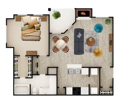 A top-down view of a living room with a couch, a coffee table, and a rug.