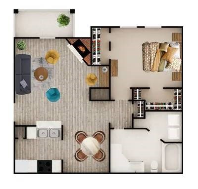 A top-down view of a small apartment with a kitchen, living room, and bathroom.