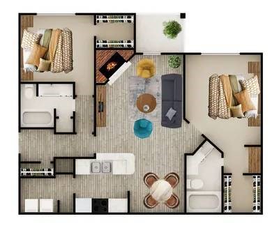 A top-down view of a house layout with a living room, kitchen, and two bedrooms.