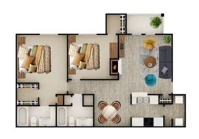 A floor plan of a house with a living room, dining room, kitchen, and two bedrooms.