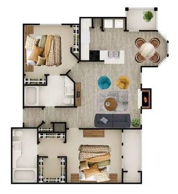A floor plan of a house with a living room, two bedrooms, a kitchen, and a bathroom.