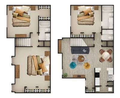 Two images of a house layout with pillows and furniture.