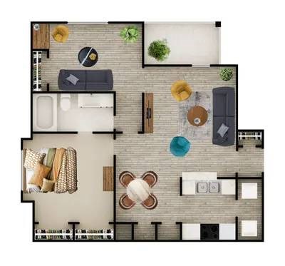 A top-down view of a living room, kitchen, and dining area.
