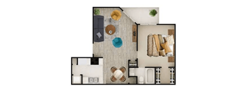 A top-down view of a modern living room with a grey sofa, a round blue ottoman, a round brown ottoman, a round white ottoman, a round white table, a round white rug, a round white flower vase