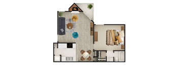 A floor plan of a house with a living room, kitchen, and bathroom.
