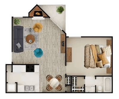 A floor plan of a house with a living room, kitchen, and bathroom.