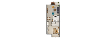 A floor plan of a house with a living room, kitchen, and two bedrooms.