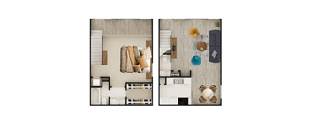 A top-down view of a room with a couch, chairs, and a table.
