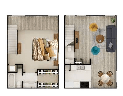 A top-down view of a room with a couch, chairs, and a table.