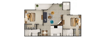 A top-down view of a modern apartment with a living room, kitchen, and two bedrooms.
