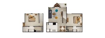 A floor plan of a house with a living room, kitchen, and bedrooms.