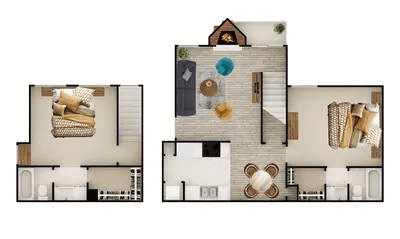 A floor plan of a house with a living room, kitchen, and bedrooms.