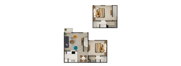 A floor plan of a two-bedroom apartment with a living room, kitchen, and bathroom.