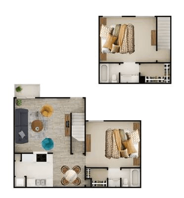 A floor plan of a two-bedroom apartment with a living room, kitchen, and bathroom.
