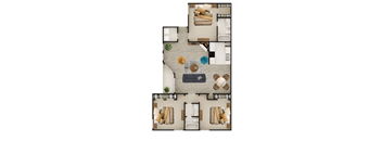 A floor plan of a house with a living room, kitchen, and two bedrooms.