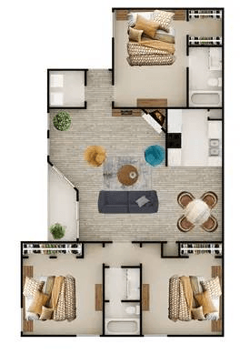 A floor plan of a house with a living room, kitchen, and two bedrooms.