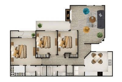 A floor plan of a house with two bedrooms and a living room.