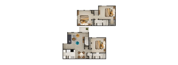 A floor plan of a house with two bedrooms, a living room, a kitchen, and a bathroom.