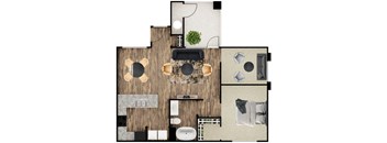 A top-down view of a modern apartment layout with a living area, kitchen, and bedroom.