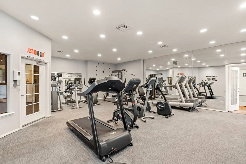 A gym with treadmills and other exercise equipment.