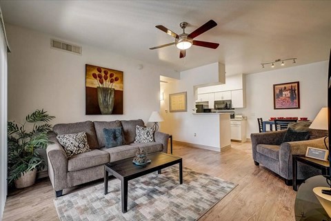 A living room with a grey couch and a coffee table.