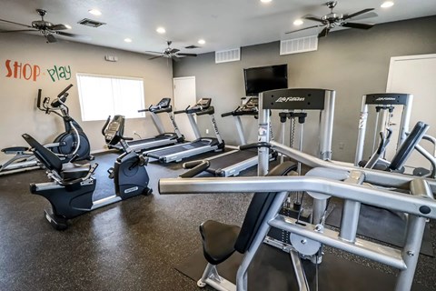 A gym with treadmills and elliptical machines.