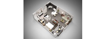 A 3D rendered image of a modern apartment layout.