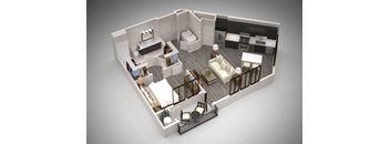 A 3D rendered image of a modern apartment layout.