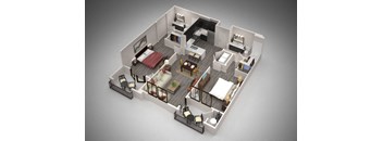 A 3D rendered image of a house layout.