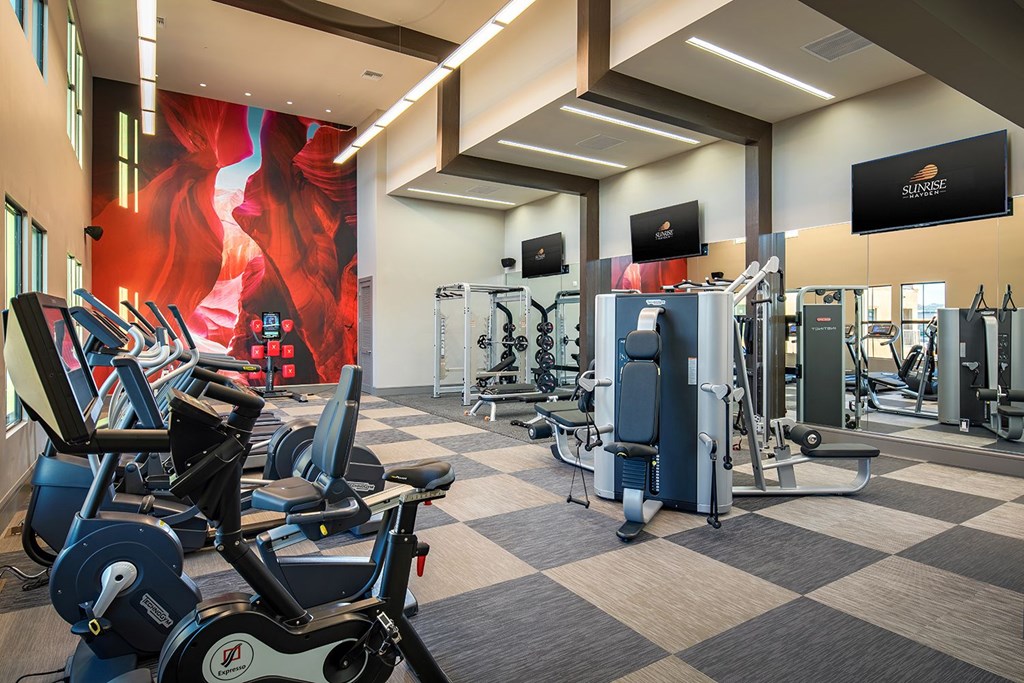 A gym with a variety of equipment including treadmills, weights, and exercise machines.