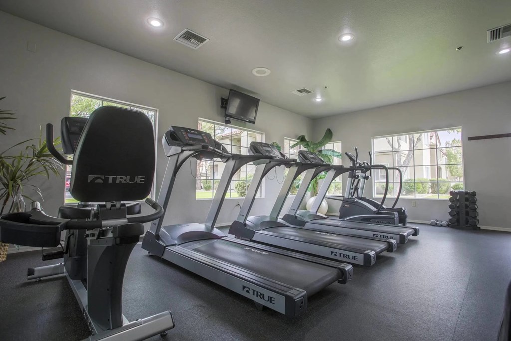 A gym with treadmills and a television.