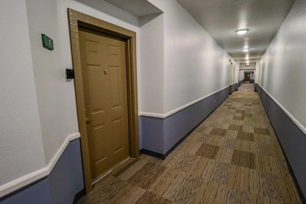 A hallway with a brown door and carpeted floor.